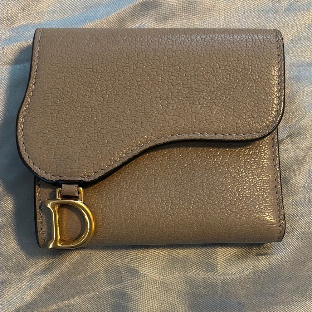 Dior Saddle Lotus Goatskin Taupe Wallet with D Charm Gold Accent